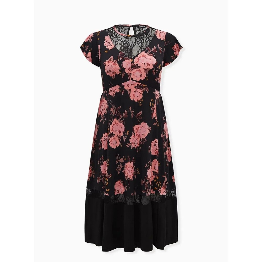 Torrid Floral Studio 3X Knit Midi Dress Flutter Sleeves Lace Trim Black Pink